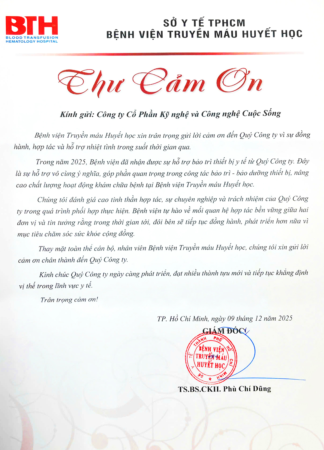 Thư cám ơn Lintech JSC từ bệnh viện truyền máu huyết học TP. HCM