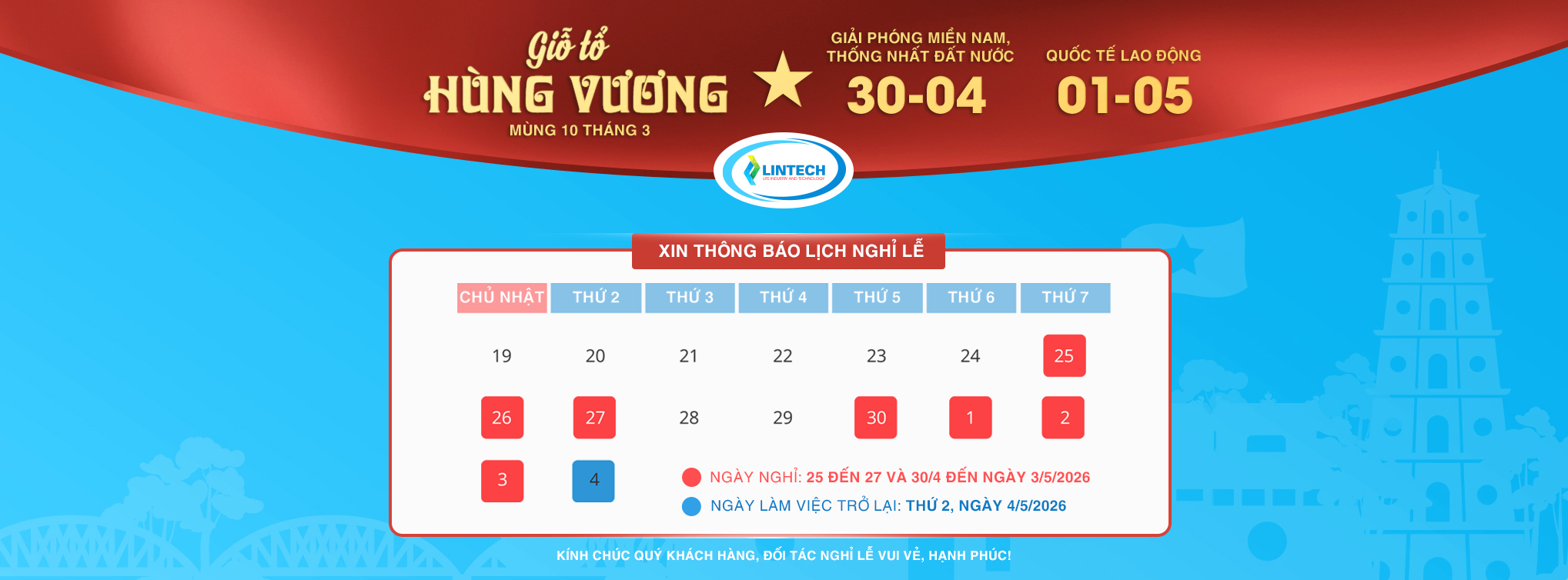 Lịch nghỉ giỗ tổ hùng vương và 30 tháng 4, 1 tháng 5 quốc tế lao động của Lintech JSC