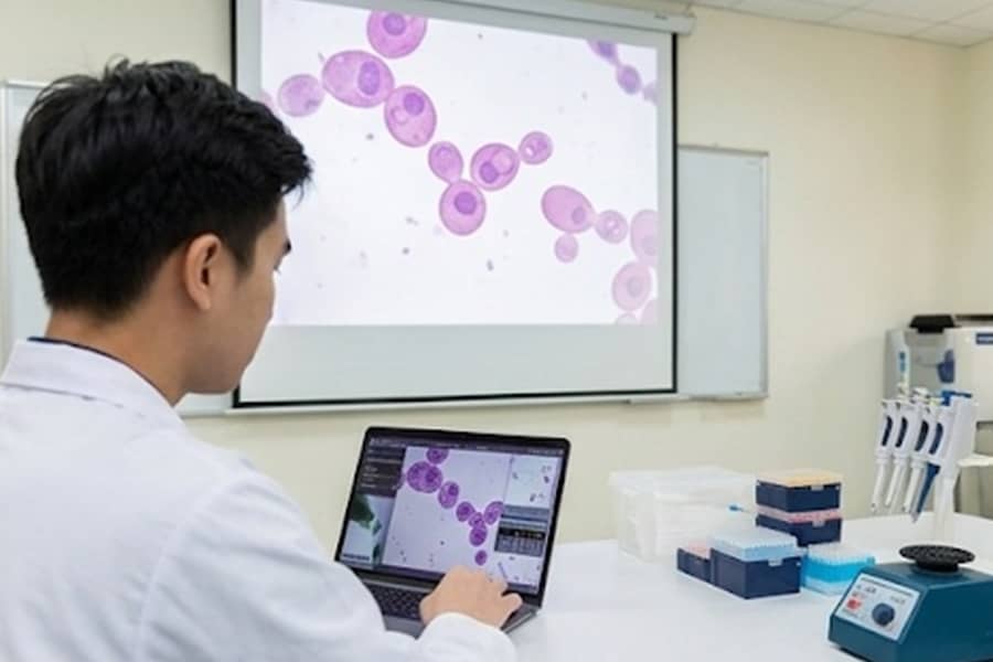Sinh viên qquan sát màn hình lớn nấm men