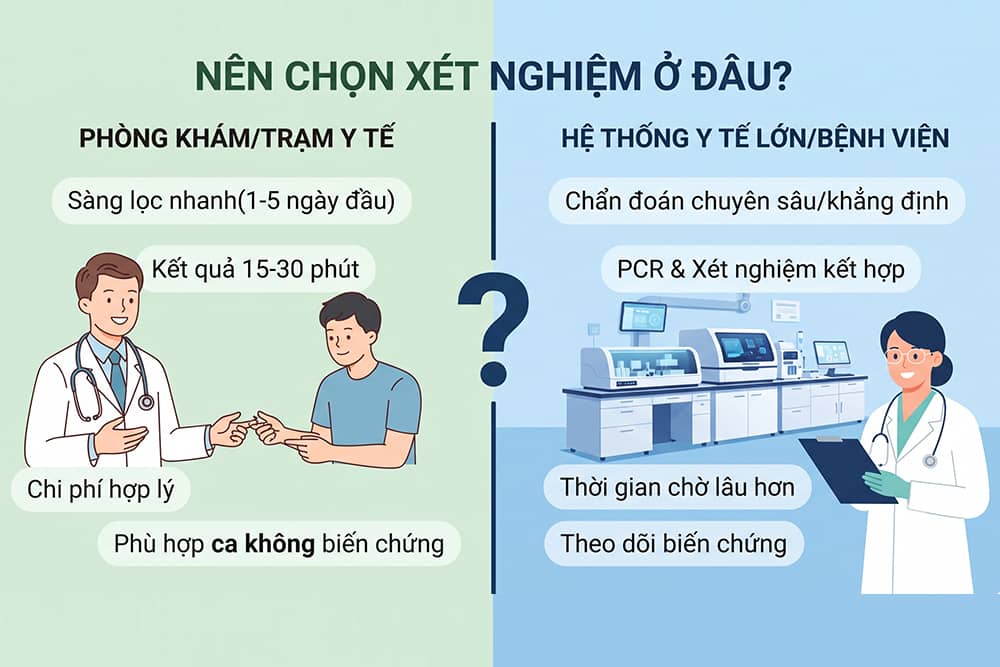 Hình ảnh so sánh việc chọn xét nghiệm sốt xuất huyết tại phòng khám tư (kết quả nhanh, chi phí hợp lý) và bệnh viện lớn (chẩn đoán chuyên sâu, PCR).