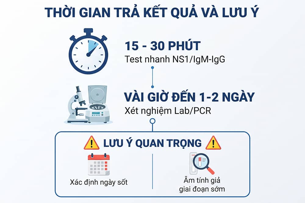 Biểu đồ thời gian trả kết quả xét nghiệm sốt xuất huyết: Test nhanh (15-30 phút) và PCR (1-2 ngày). Lưu ý về nguy cơ âm tính giả giai đoạn sớm.