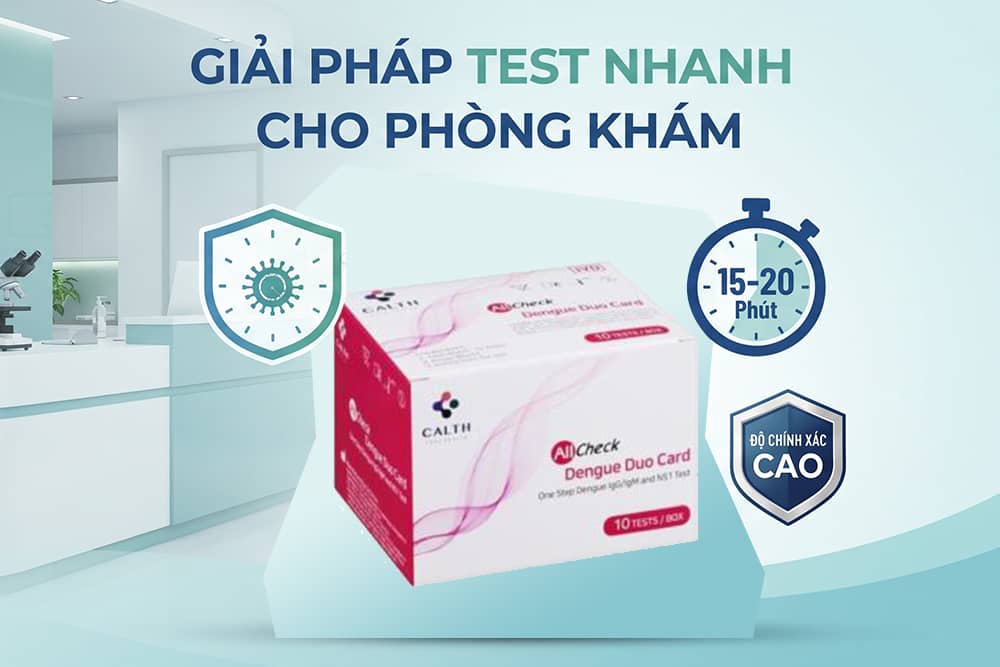 Hình ảnh hộp kit xét nghiệm sốt xuất huyết nhanh CALTH (Hàn Quốc) với bao bì chuyên nghiệp, phù hợp trang bị cho các phòng khám đa khoa và phòng xét nghiệm.