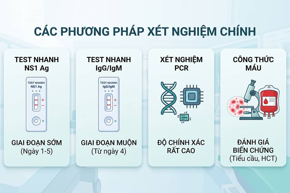 So sánh các phương pháp xét nghiệm sốt xuất huyết phổ biến: Test nhanh NS1 Ag, IgG/IgM, PCR và Công thức máu cùng thời điểm thực hiện phù hợp.