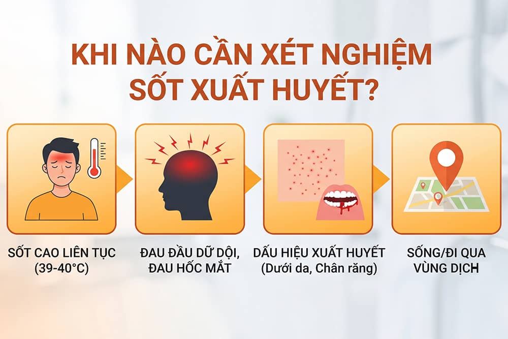 Các triệu chứng sốt xuất huyết điển hình cần đi xét nghiệm ngay như sốt cao, đau hốc mắt, xuất huyết dưới da và đau nhức cơ.