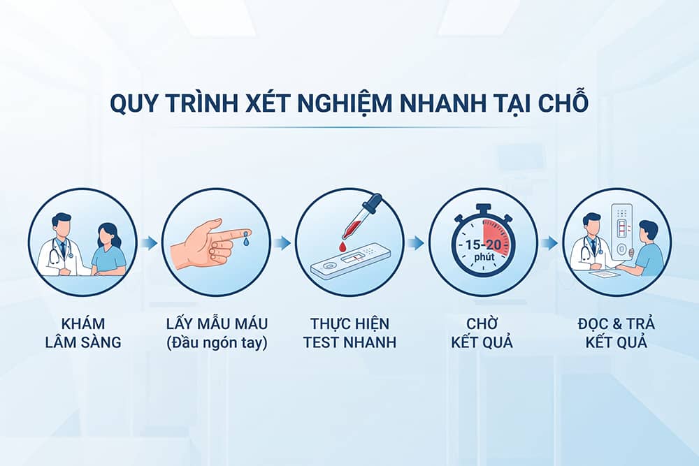 Quy trình 5 bước thực hiện xét nghiệm sốt xuất huyết nhanh tại các cơ sở y tế, từ khám lâm sàng đến trả kết quả.