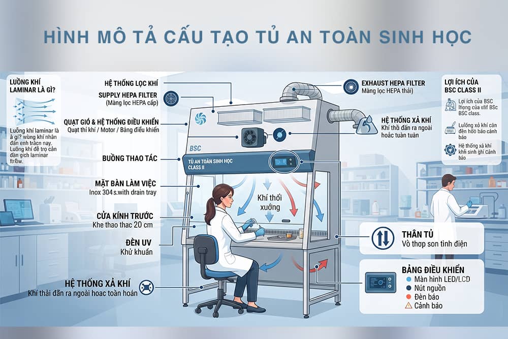 Hình ảnh mô tả cấu tạo tủ an toàn sinh học