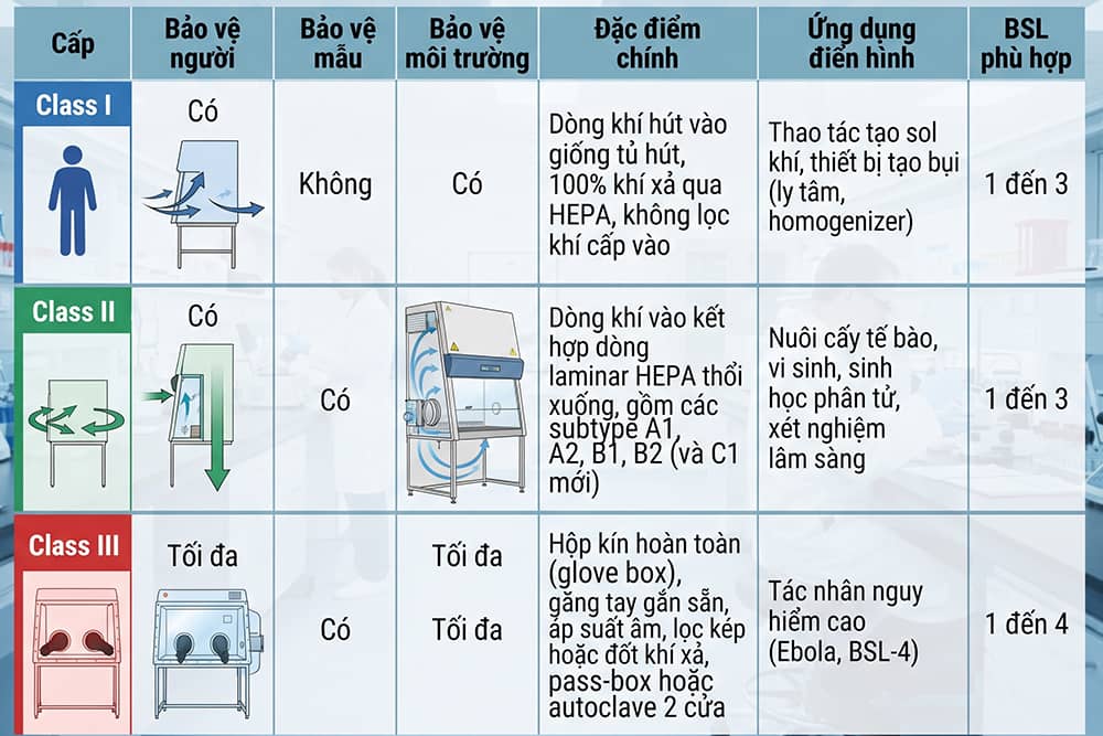 Phân loại tủ an toàn sinh học