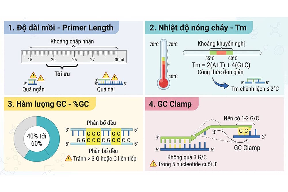 Thiết kế mồi PCR: 4 thông số cơ bản gồm độ dài mồi, nhiệt độ nóng chảy Tm, hàm lượng GC và GC clamp